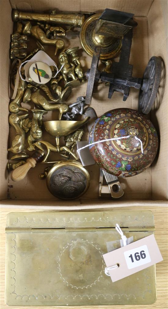 An enamelled silver patch box, a brass tobacco box, various tampers and other brass novelties and a cloisonne jar and cover (Q)